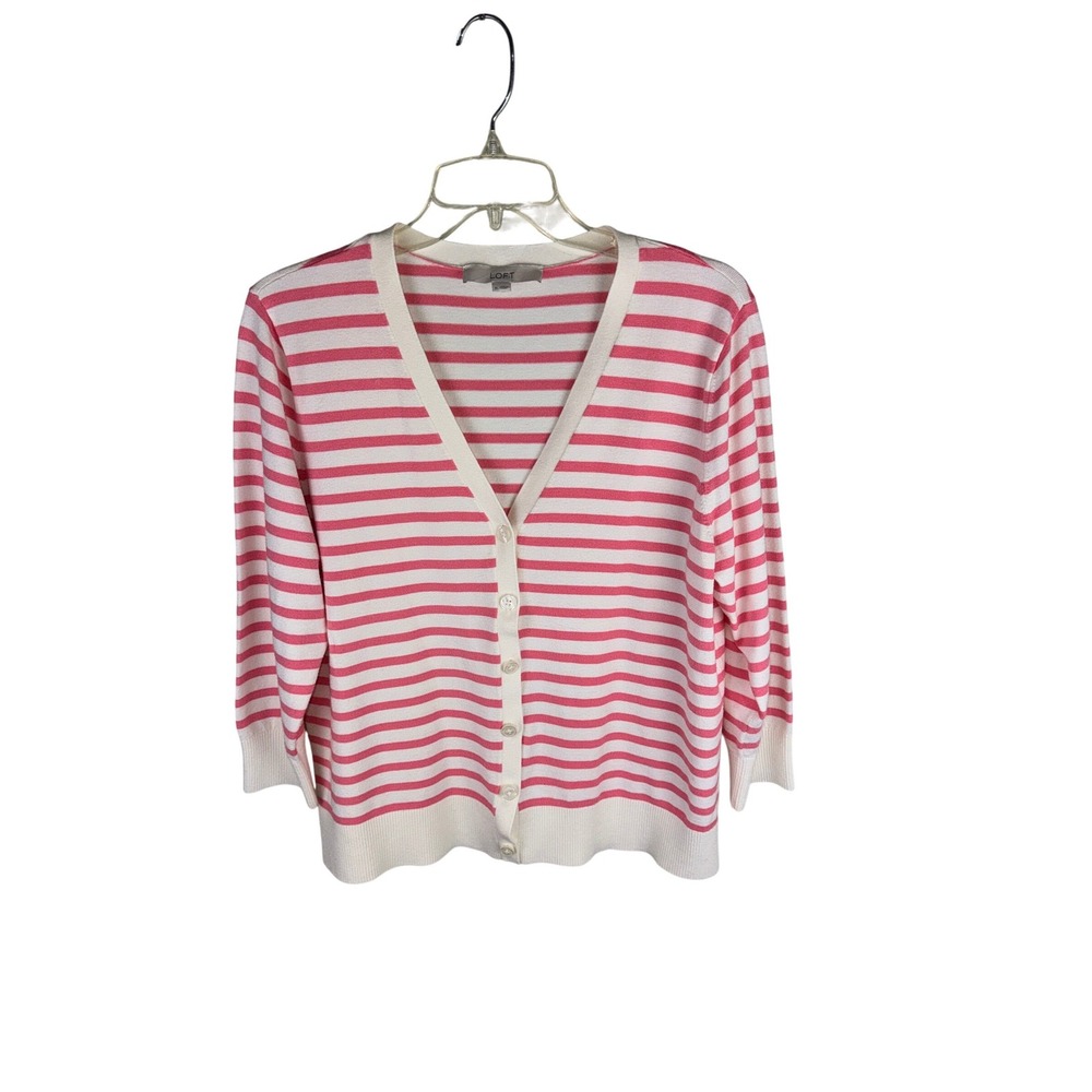 LOFT Womens XL Pink White Striped Button Front V-Neck Cardigan Sweater